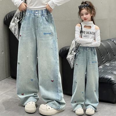 Meisjes wijde pijpen jeans herfstbroek voor kinderen strik borduurwerk ontwerp mode casual school tiener kinderen broek