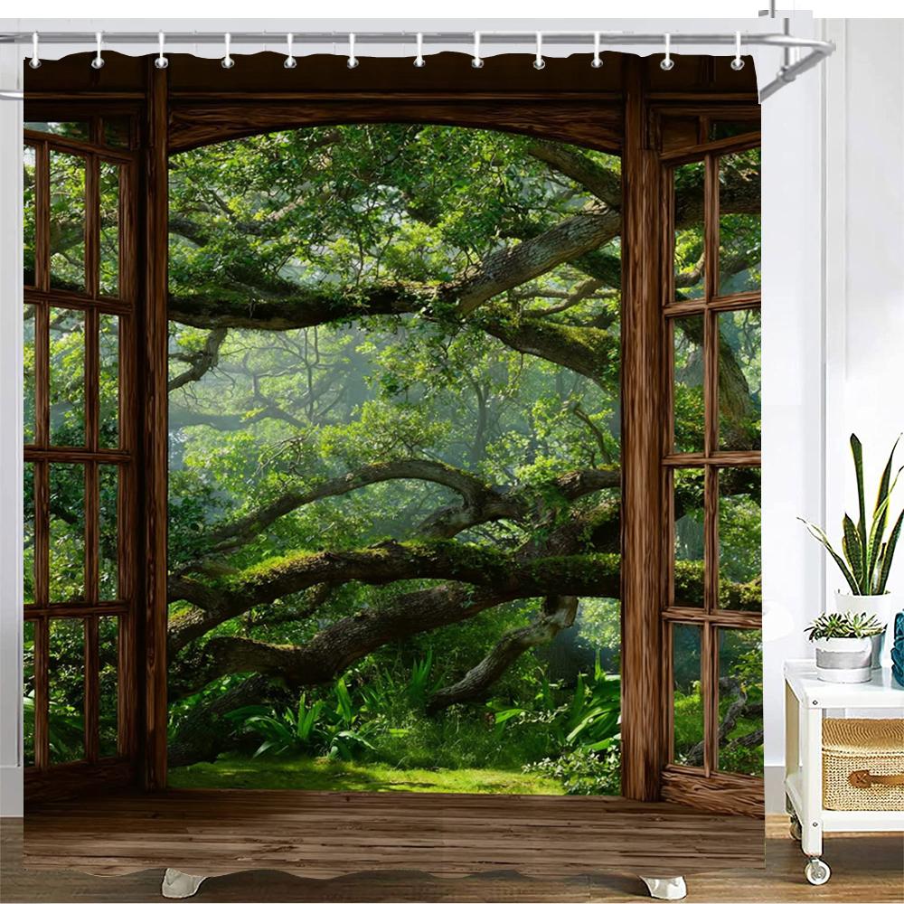 Annier Forest Scenery Outside The Window Shower Curtain Bath Curtain Landscape Printed Bathroom Curtains For Home Decoration Curtain