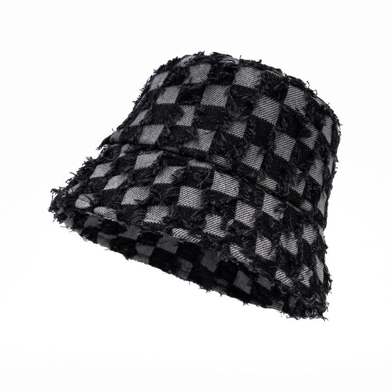 Checkerboard Fisherman Hat Women's Autumn Winter Foldable Denim Basin Hat Plaid Bucket Hat
