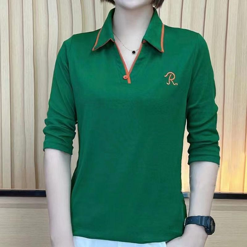 

Новая базовая рубашка для женщин, свободная осенняя футболка с длинными рукавами для женщин, вышитый воротник-поло, рубашка для мам среднего возраста 2XL зелёный