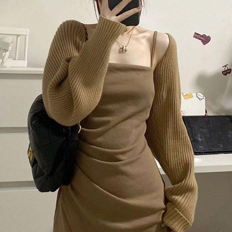 

Женский вязаный кардиган во французском стиле с майкой - Осенний свитер-шаль с рукавами реглан One Size хаки