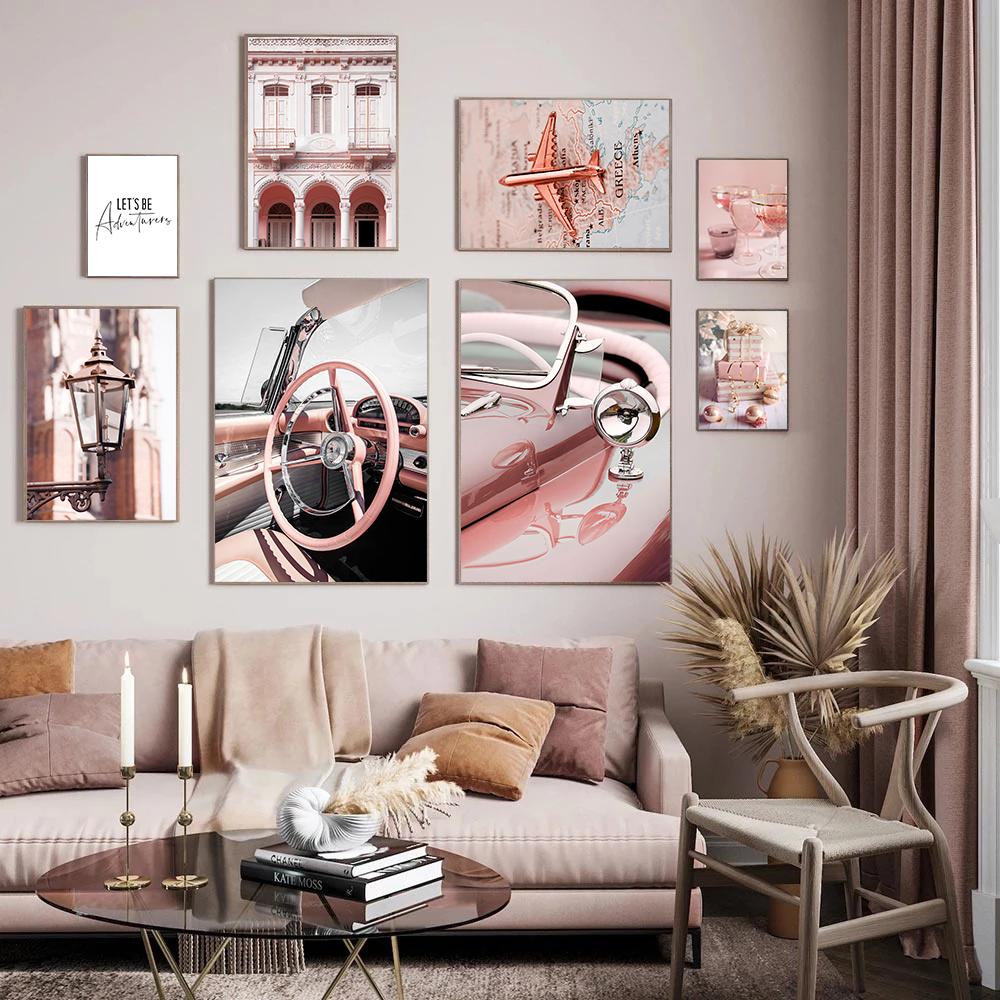 Pink Vintage Canvas Paitning Wall Poster and Prints Typewriter Bike Fashion Car Goblet Modern Wall Art Pictures for Living Room