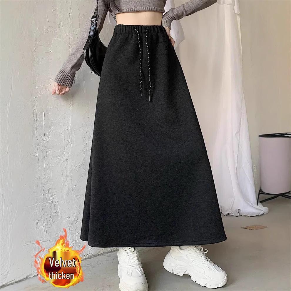 Women's High-Waist Korean Style Color Block Drawstring Fleece Lined Midi Skirt - Autumn/Winter A-Line Design