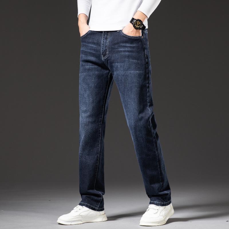 Blugi business clasici retro albaștri pentru bărbați, toamnă și iarnă, asortați cu pantaloni din denim moale, elastic, negri și albaștri pentru bărbați