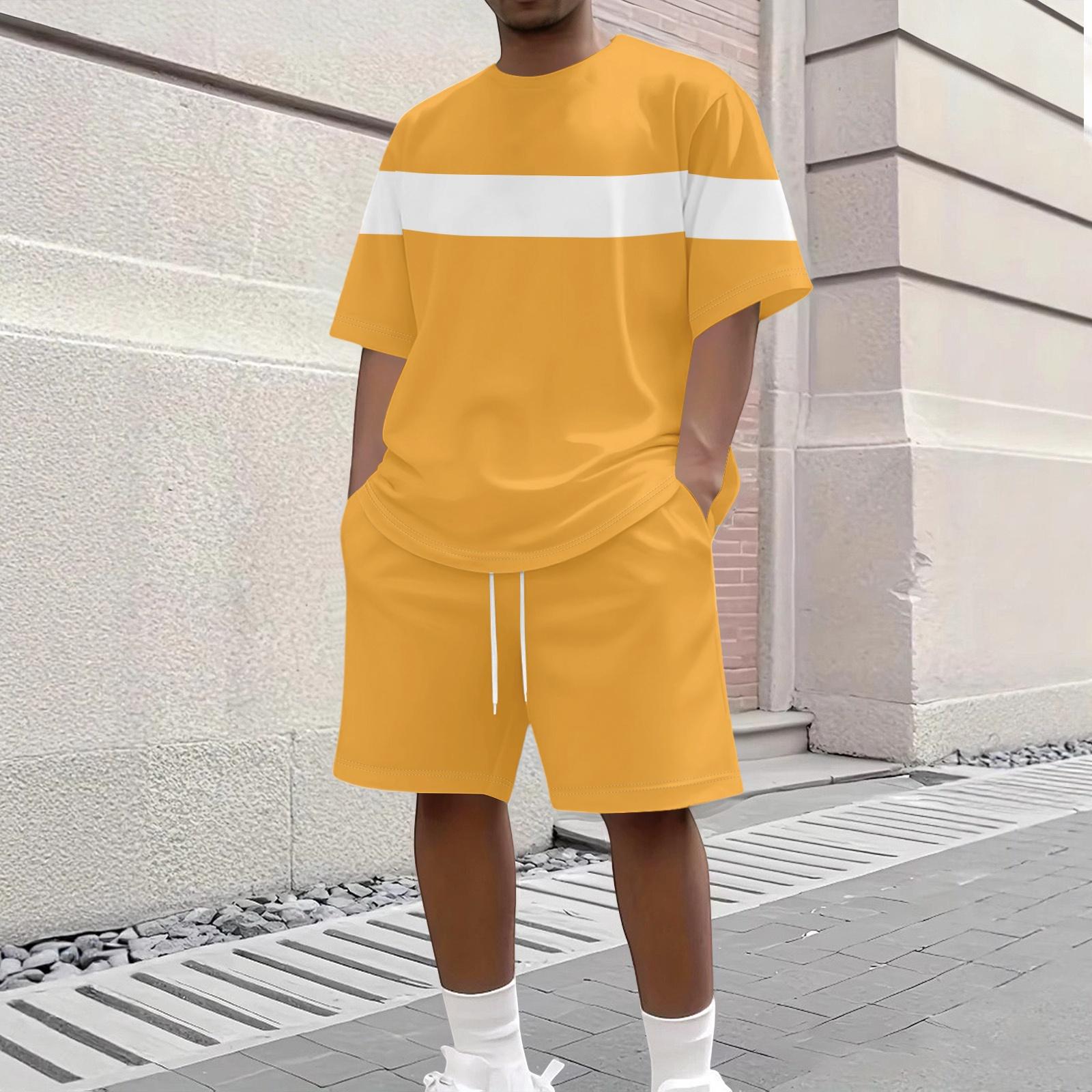 

Men Stripe Print Casual Short Sleeve Crewneck Top and Shorts Two Piece Set Relaxed Fit Lightweight Outfit XL жовтий