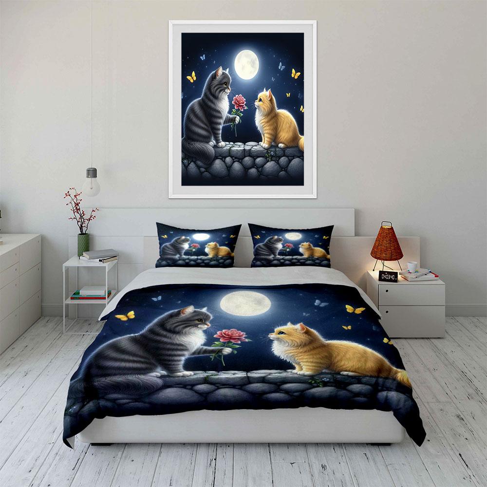 Romantic Cats Under Moonlight Scene Kid'S And Adults' Bedroom Decor, Exquisite Three-Piece Bedding Set Gift