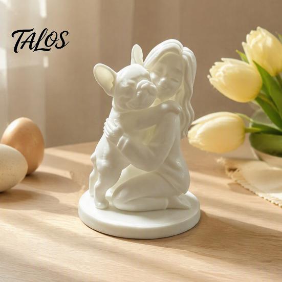 3D Printed Pet Figurines Dog And Owner Figurine, Minimalist Bulldog Girl Statue, PLA Material Ornaments Healing Hugging Sculpture for Home Office
