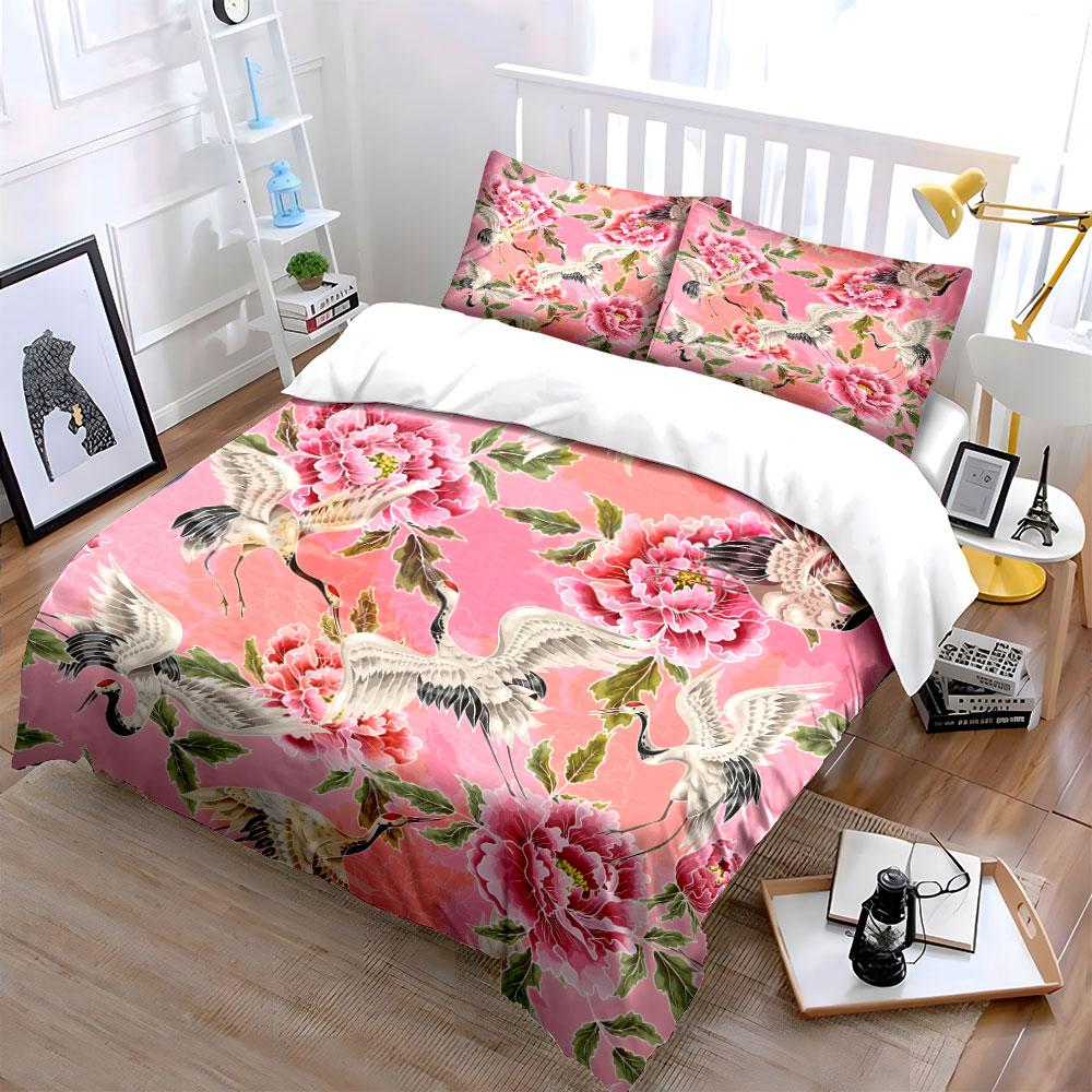 Pink peonies and flying cranes Print Bedding Set 1 Duvet Cover 2 Pillowcases for Adult and Children Luxury Gift Full Size