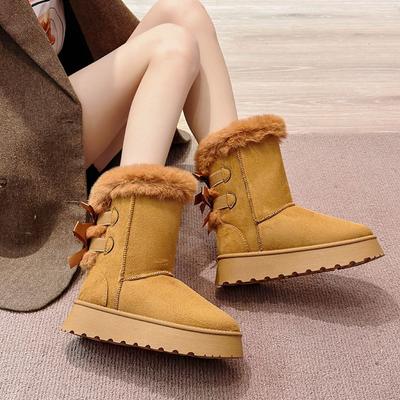 Bottes de Neige Mi-Hautes à Bout Rond et Nœud pour Femmes Hiver Peluche Chaudes à Plateforme Chaussures Femme Nouveauté 2025 Designer Luxe Mode Chaussures