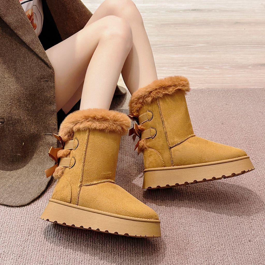 Fashion Bow Round Toe Half High Snow Boots for Women Winter Plush Warm Chunky Woman Shoes 2025 Novelty Designer Luxury Fashion Footwear