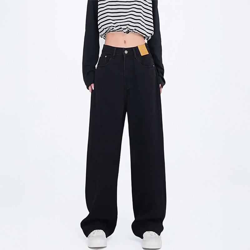 Women's Plus Size High-Waisted Fleece-Lined Black Wide-Leg Jeans - Slimming, Loose-Fit for Pear Shape, Autumn/Winter Wear