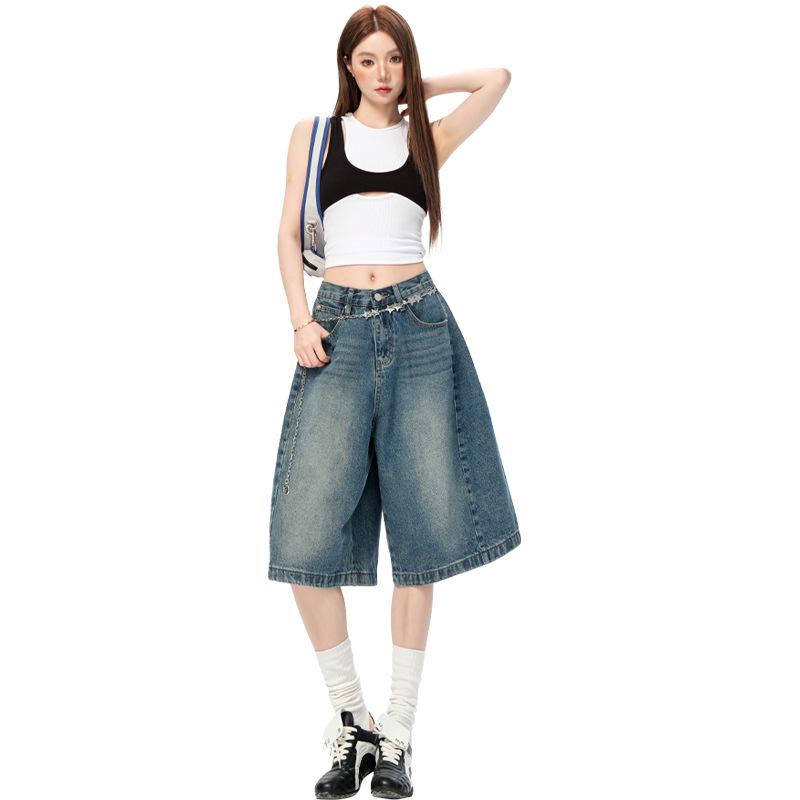American Retro Women's Denim Five-Point Shorts, 2026 Spring/Summer Collection - Loose, Wide-Leg, Versatile Mid-Length Pants for a Relaxed Fit.