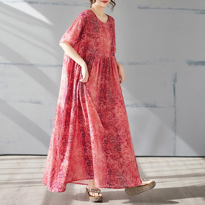 

DIMANAF 2025 Summer Basic Plus Size Dress Women Casual Long Dress Loose Vintage Bohemian Printing Dress One Size красный