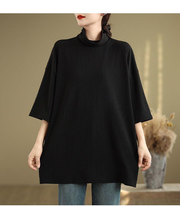 Plus Size Artistic Retro High Neck Short Sleeve Women's T-Shirt - Autumn 2025 Collection, Loose Slimming Fit, Regular Shoulder Base Layer
