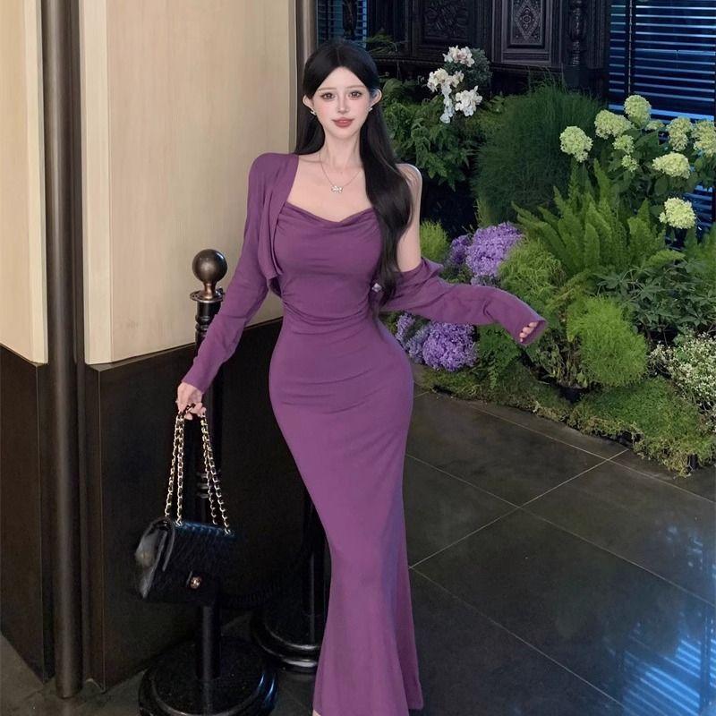 Autumn new pure desire lazy style thin hip-wrapped slim-fit suspender dress long-sleeved small cardigan two-piece set