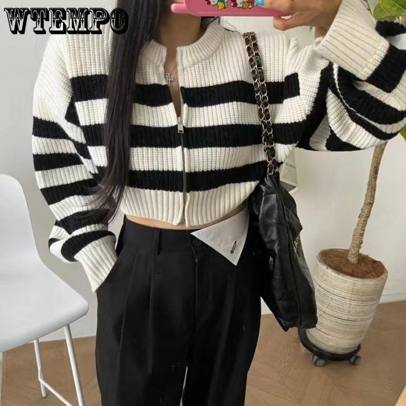 Striped Color Blocked Short Knitted Cardigan Autumn and Winter Round Neck Zipper Sweater