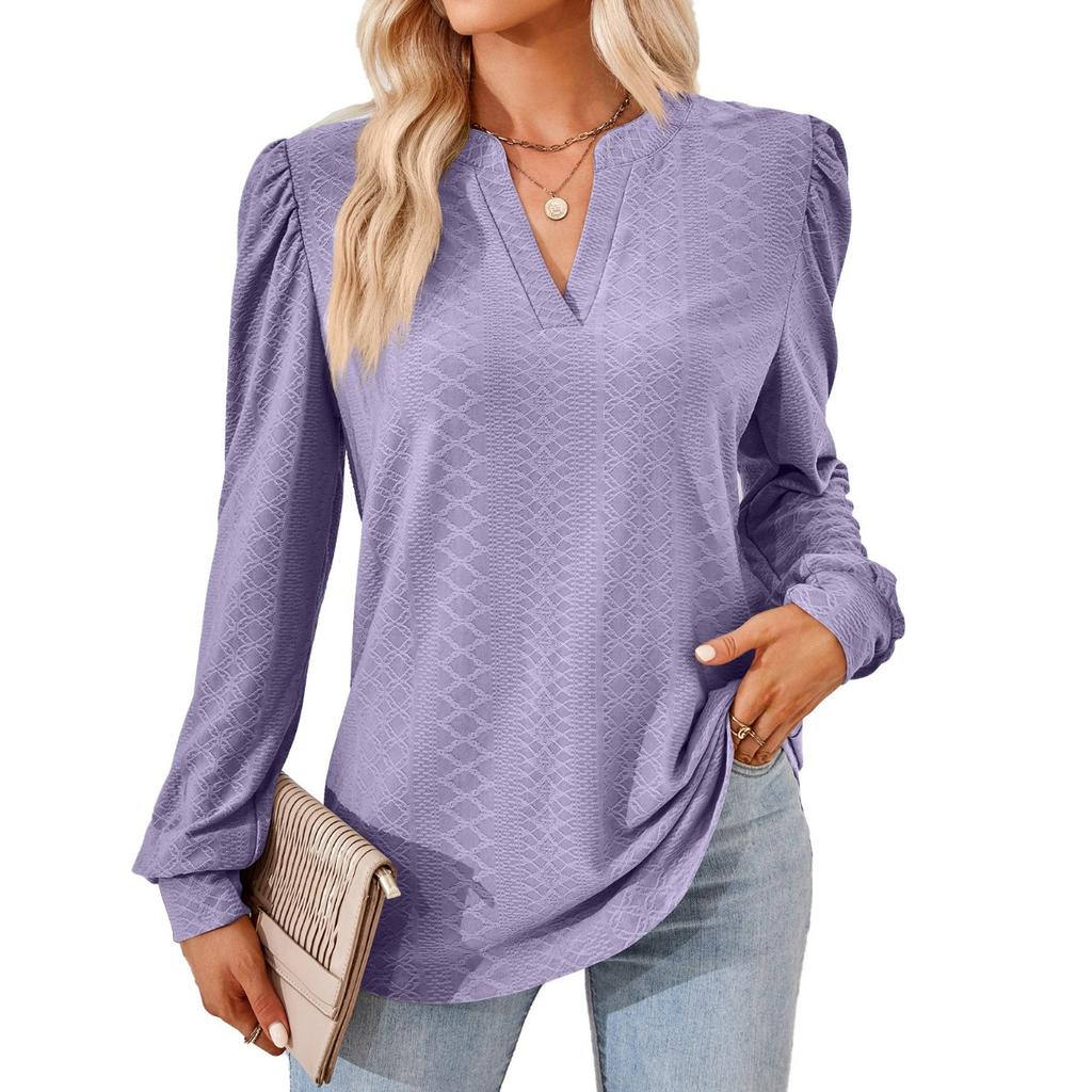 Women's Solid Color V-neck Jacquard Long Sleeve Loose T-shirt Top, Autumn Winter Casual Wear for Europe America Cross-border