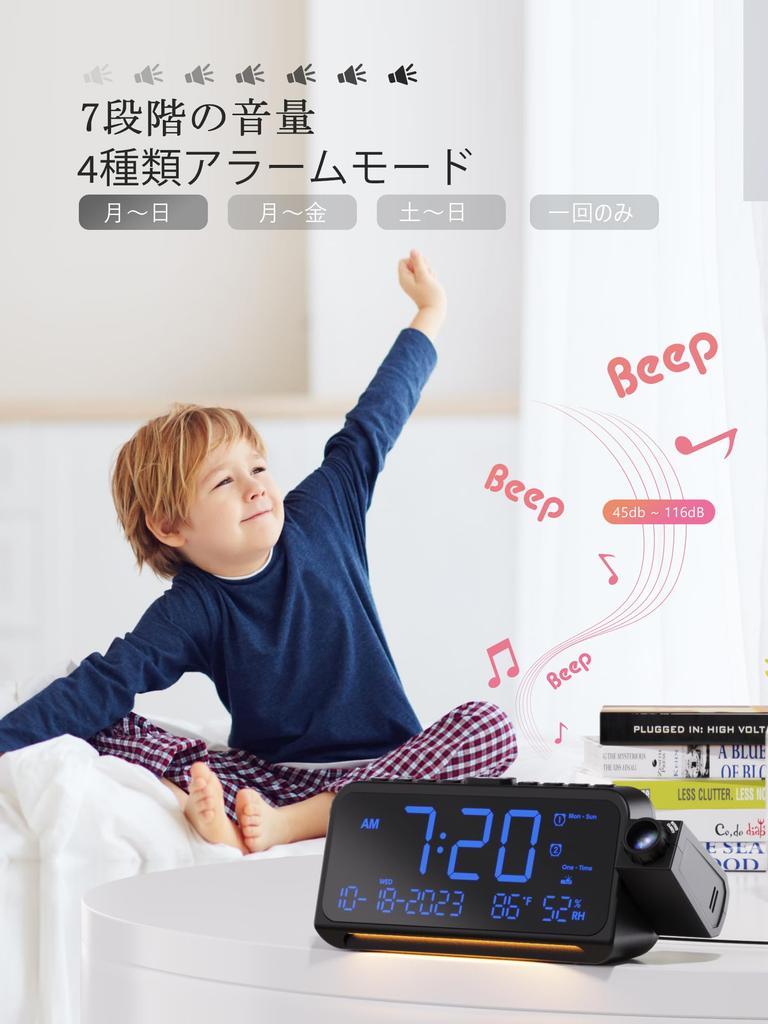 Projection Clock Digital Alarm Clock 350° Angle Adjustment 180° Reversal TemperatureHumidityCalendar Display Dual Alarm 5-Level Dimming USB