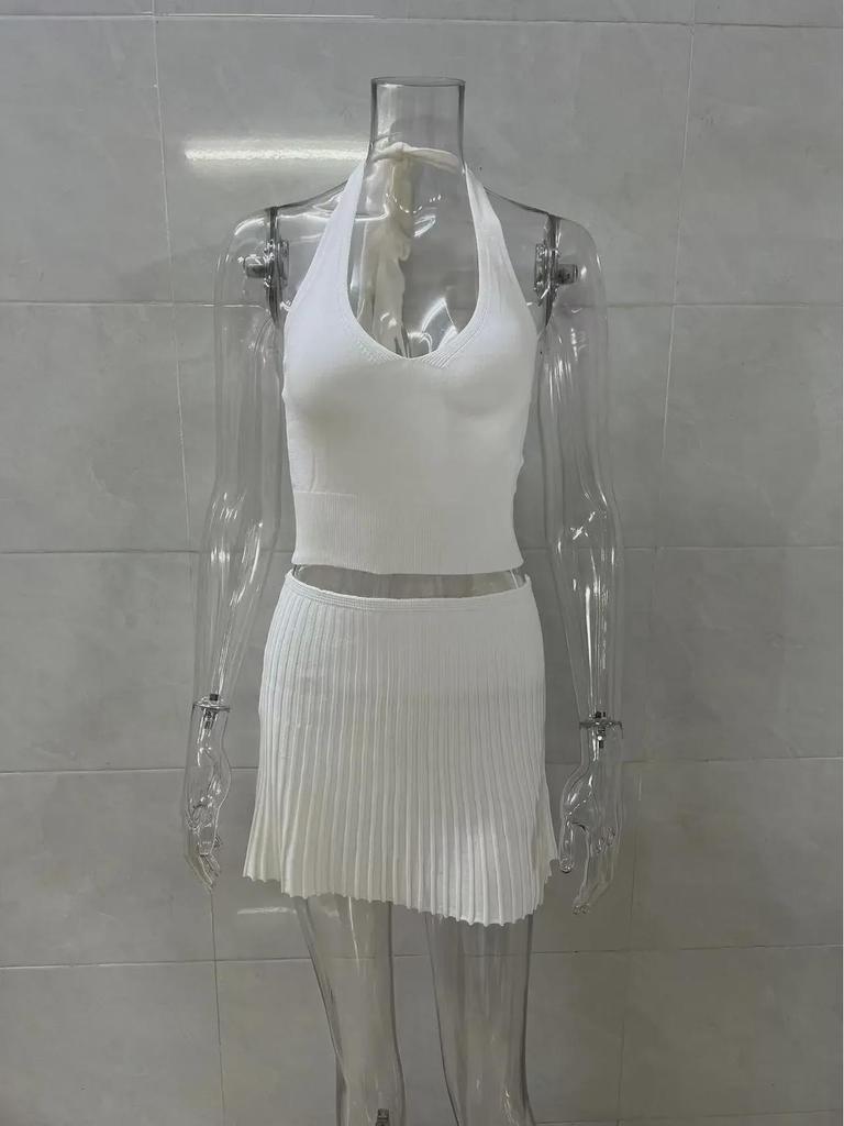 European & American Trendy Women's Halter Neck Backless Vest & High Waist Pleated Skirt Two-Piece Set for Spring