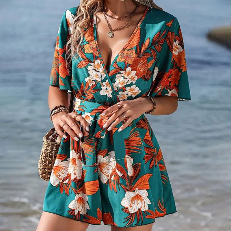 Beach Vacation Short Sleeve V Neck Casual Jumpsuits Women Rompers Summer Loose Print Short Jumpsuit for Women Elegant High Waist Lady Playsuits 26275