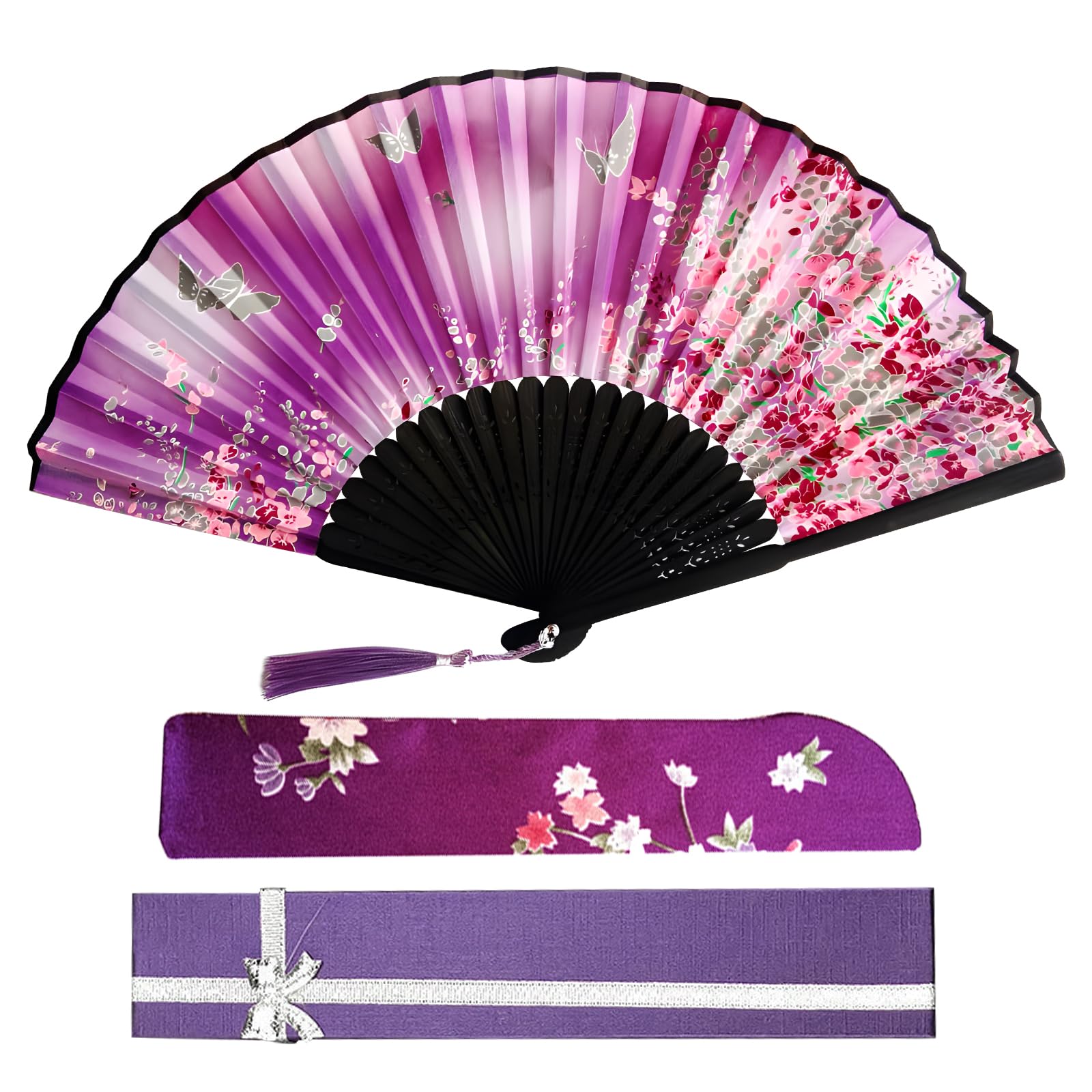 

GHDVOP Fan Японский Японский Цветочный Бабочка Японский Цветок Вишни Подарок для Фейерверка Танец Поставляется в Футляре Женский Веер, Стильный, Сумка,