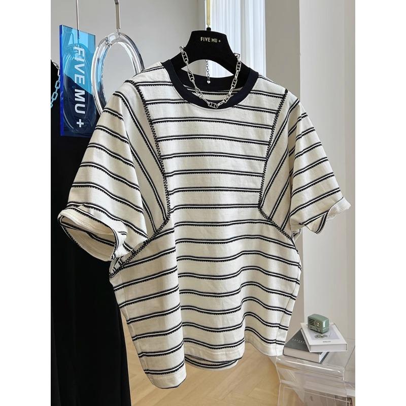Summer Korean  Sleeve Splicing Student Short Sleeve T-Shirt Women s Design Striped Top Black and White Striped T-shirt Stitch Relaxed Fit Casual Top M белый