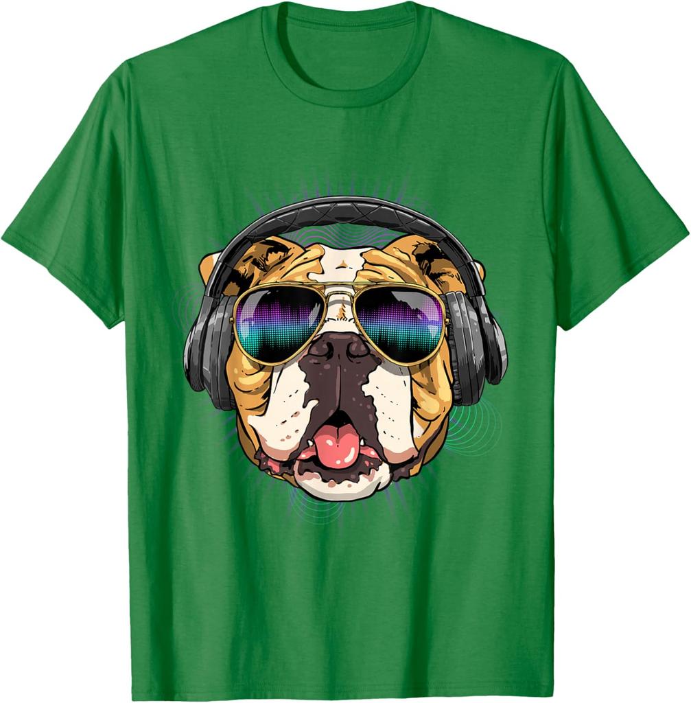 Music Bulldog DJ Headphones Graphic Tee Men Casual Cotton Short Sleeve T-Shirt