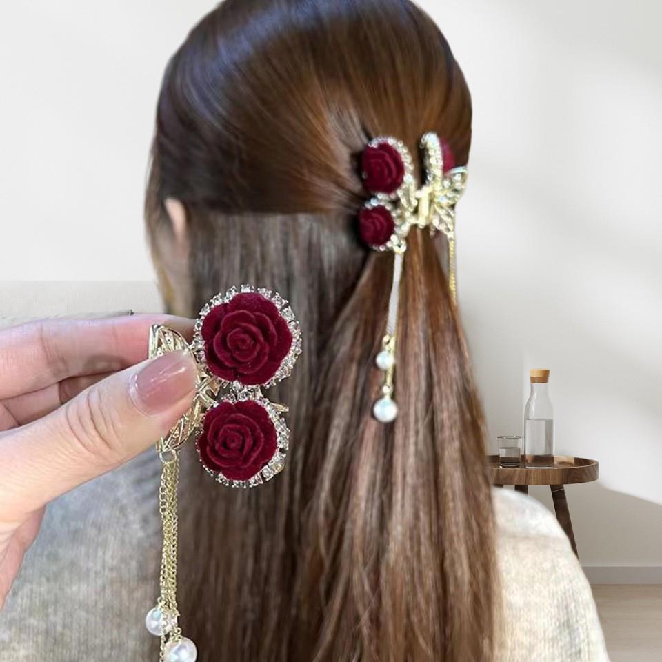 Starry Sky Red Rose Cherry Tassel Claw Clip - New Year Hair Accessory