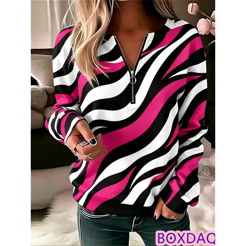 Autumn Winter Women Sweatshirt Pullover Tops Loose V-neck Abstraction Striped Print Long Sleeve Casual Sweatshirt Plus Size 2XL