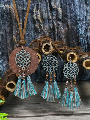 Bohemian Style Ethnic Characteristic Hollowed Out Carved Pendant with Tassel Earrings Necklace Set Combination