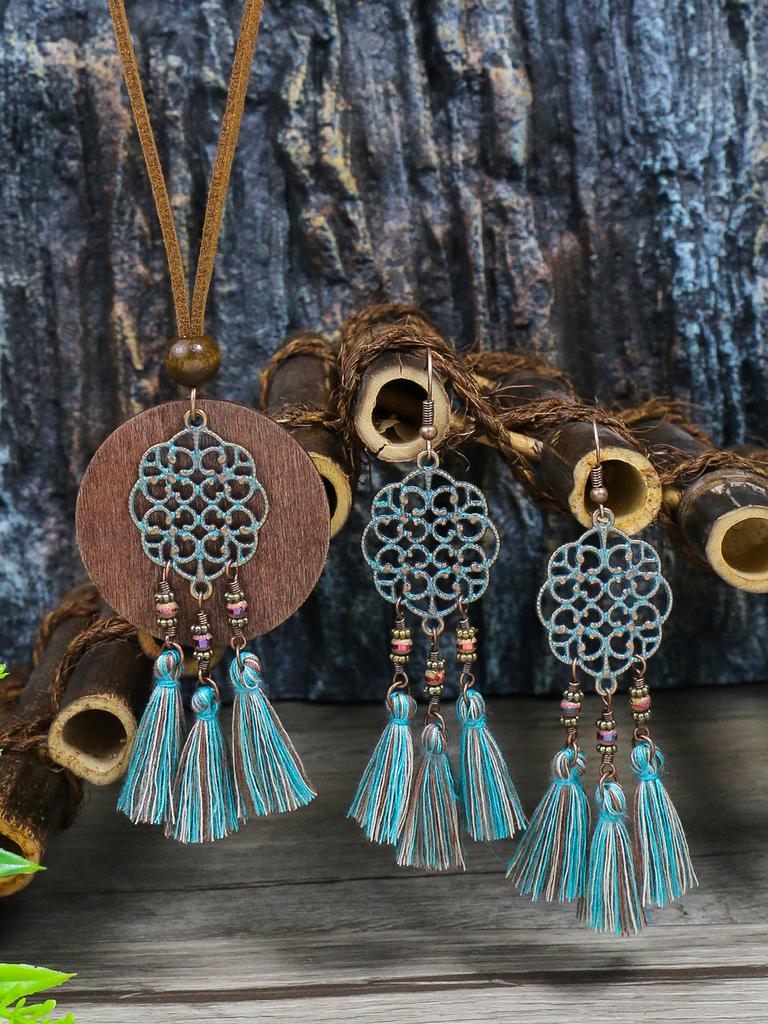 Bohemian style ethnic characteristic hollowed out carved pendant with tassel earrings necklace set combination