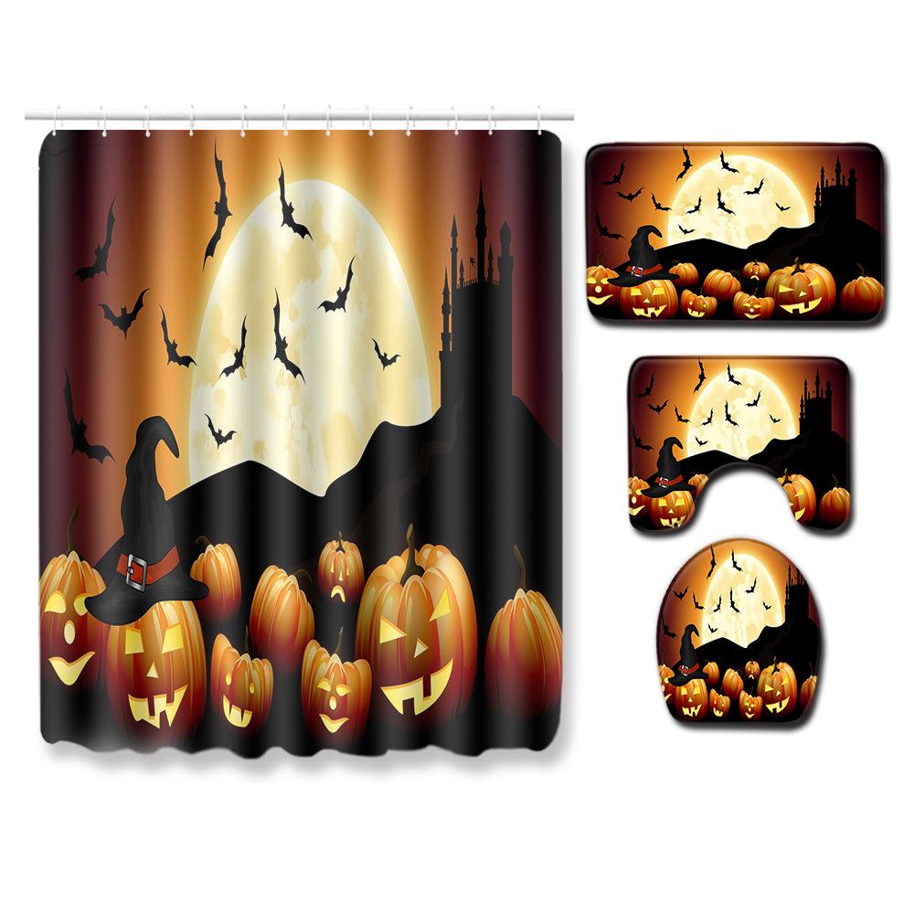 Halloween Shower Curtain Floor Mat Combination Four-Piece Set Bathroom Toilet Carpet Door Mat