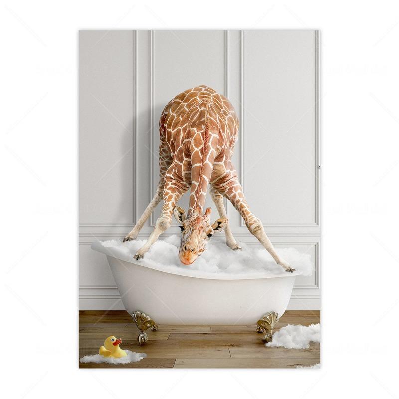 Funny And Cute Animal Canvas Prints Bathroom Wall Art Posters Highland Cow Giraffe Lion Take Shower Pictures For Washroom Decor