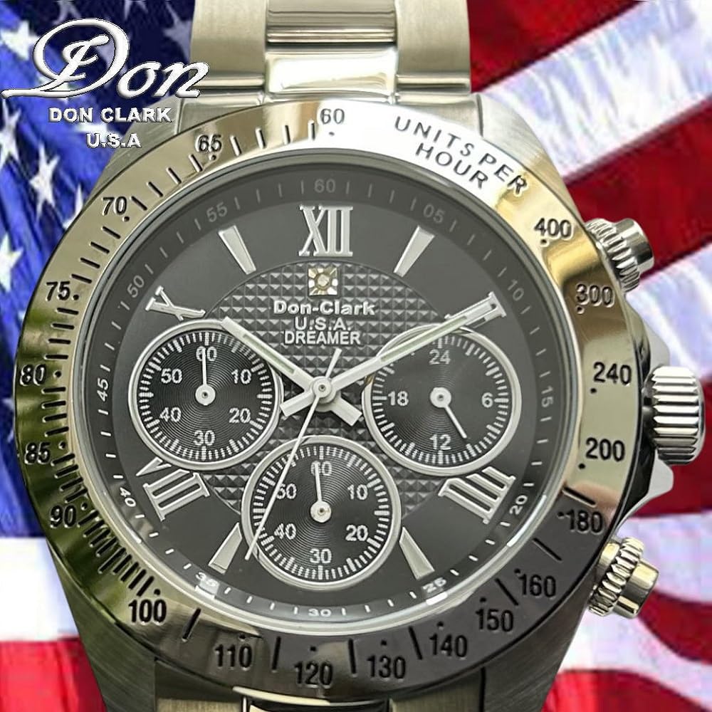 Don Clark Chronograph 10 ATM Water One Natural Stainless Includes Strap Adjustment Tool Stainless Steel Roman Men's Watch, Resistant, Diamond,