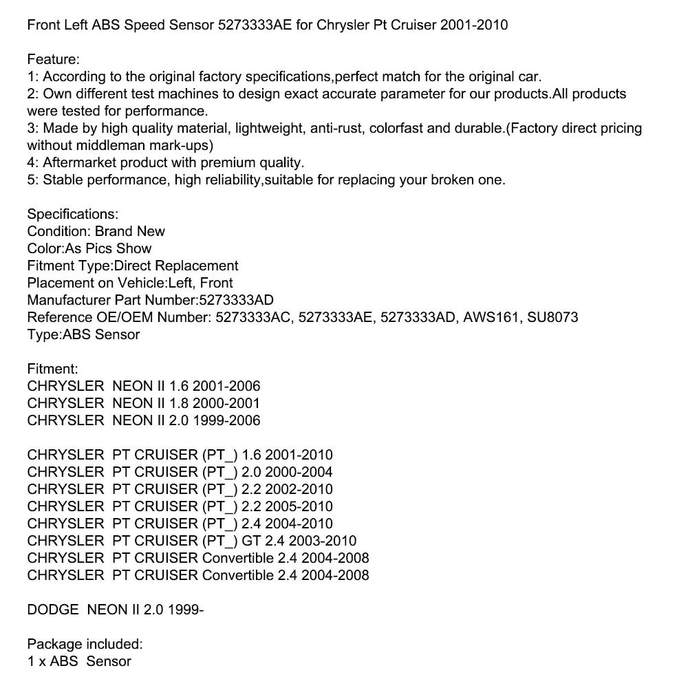 Areyourshop Front Left ABS Speed Sensor 5273333AE for Chrysler Pt Cruiser 2001-2010