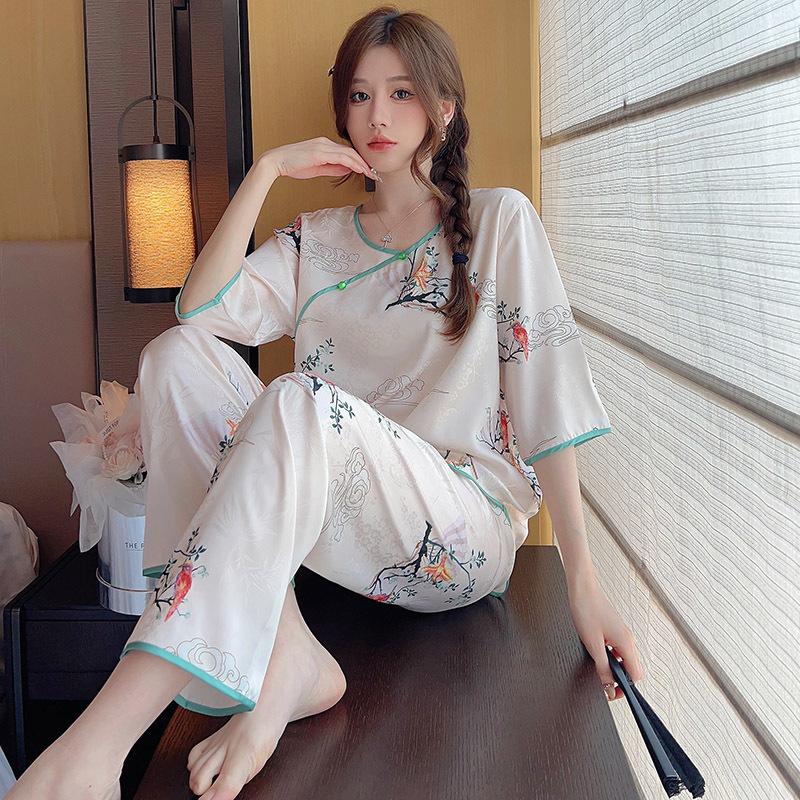 Pajamas women's summer new ice silk medium-sleeved national style light luxury retro suit outer wear spring and autumn loose large size loungewear