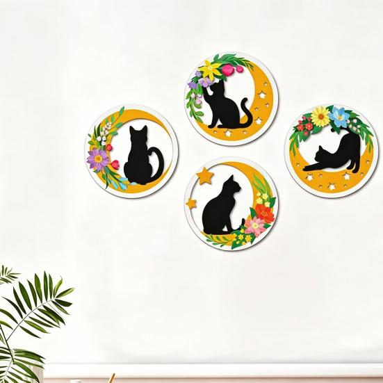 Healing Atmosphere Wall Art 4Pcs Wooden Cat Decor, 2D Flat Round with Flower Creative Animal Hangings Moon Elements, Lightweight Decorative