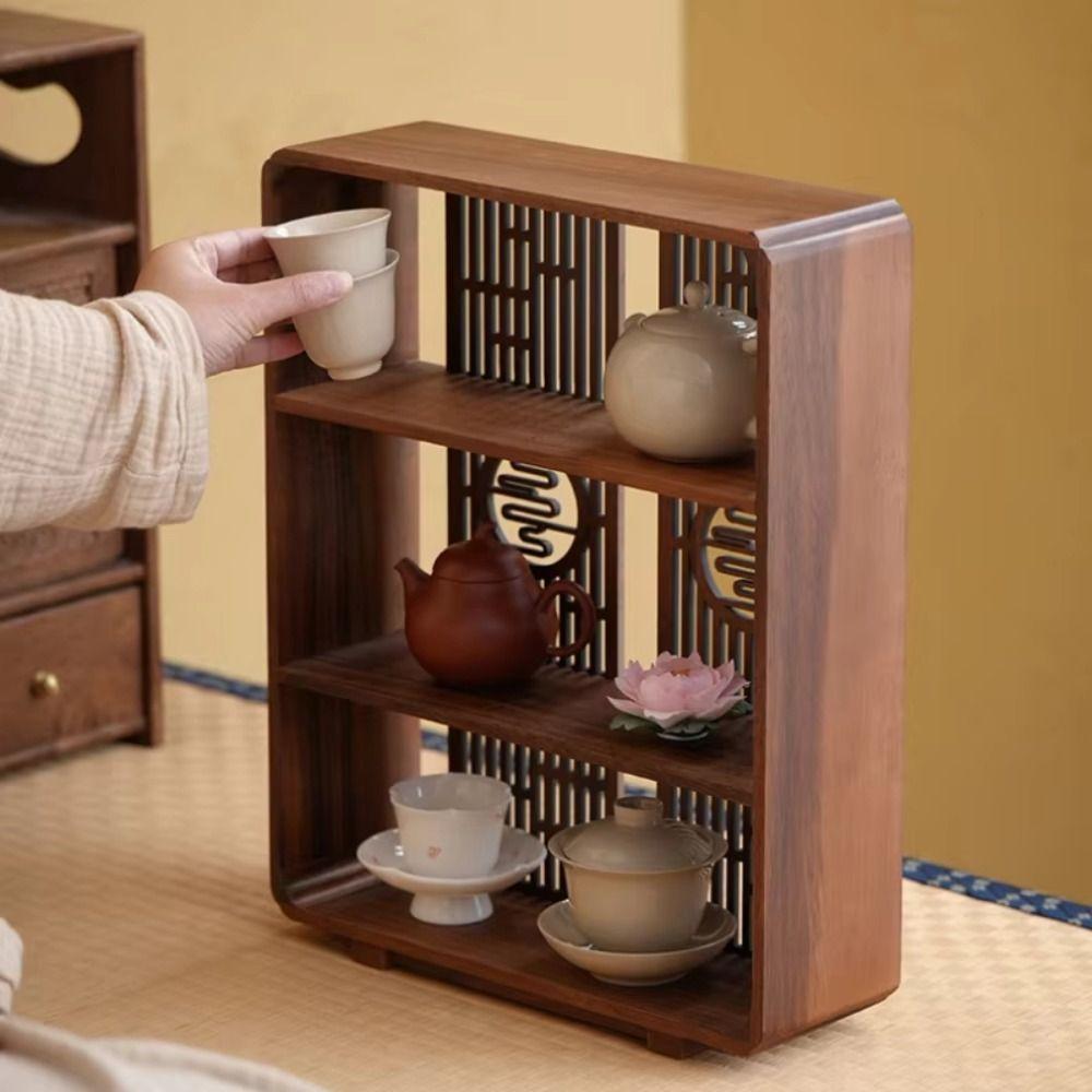 Hollow Out Handcrafted Curio Cabinet Walnut Wood Tea Storage Cabinet Living Room