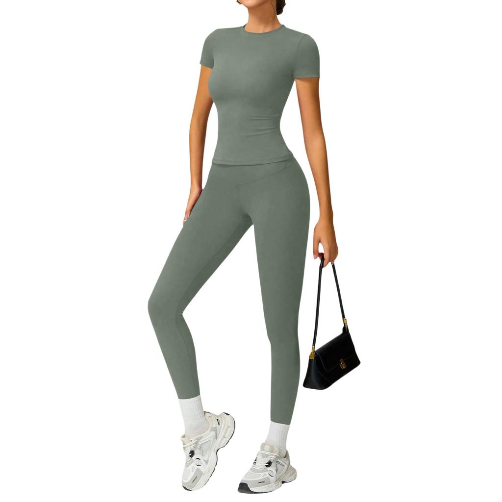 Women's Casual  Color Yoga Suit Short-Sleeve Pants Set