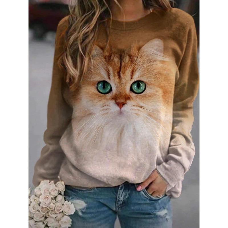 Modne damskie T-shirty z okrągłym dekoltem, z nadrukiem 3D uroczego kota, z długim rękawem, casualowe