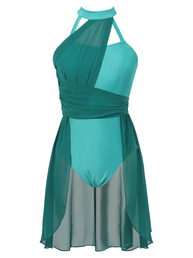 Womens Lyrical Dance Dress Ruched Chiffon Design Strappy Back Detail Sleeveless Leotard Performance Wear