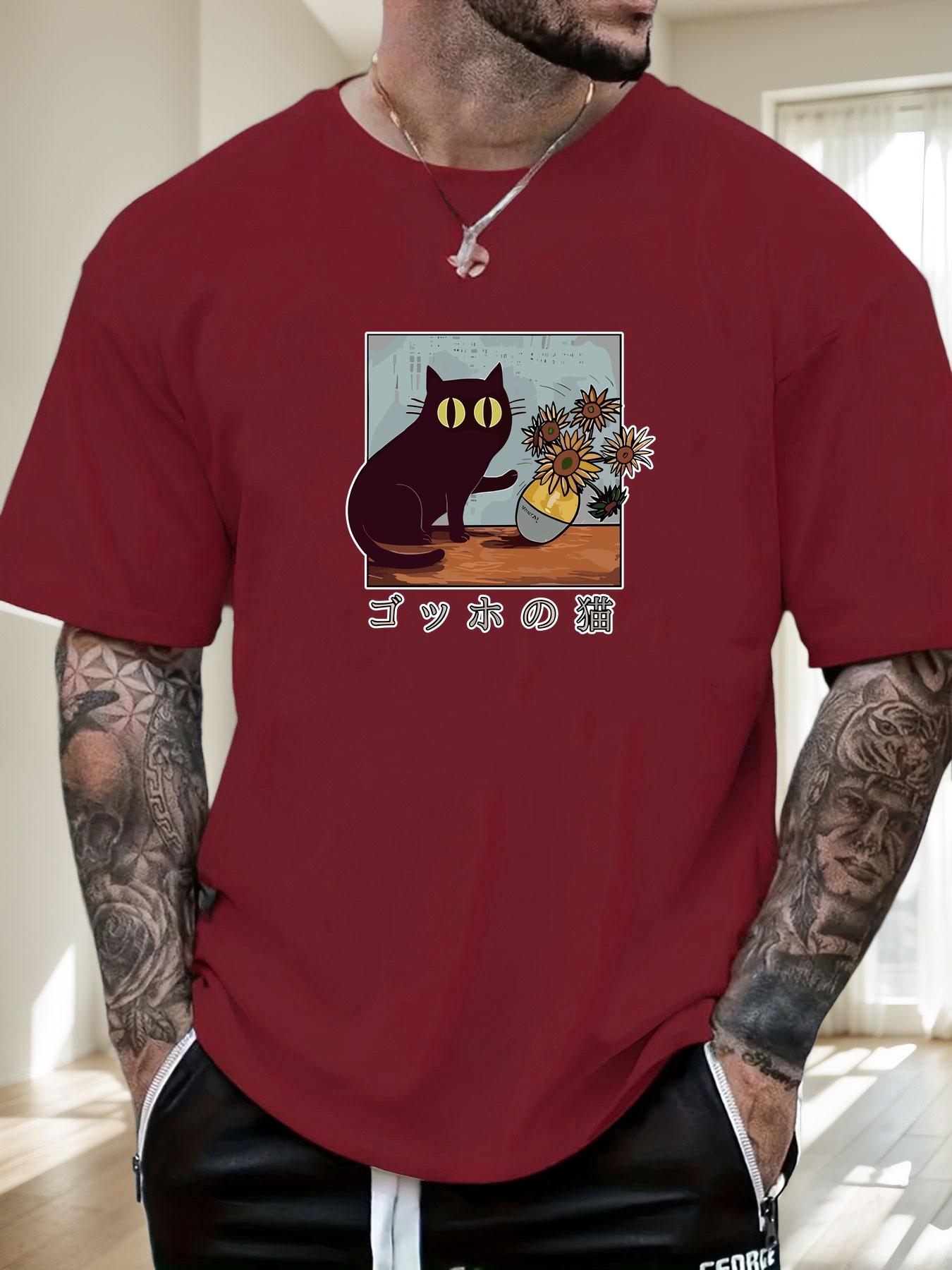 Mens Casual Tshirt Japanese Cat Sunflower Print Short Sleeve Round Neck Breathable Artistic Daily Wear Tee S