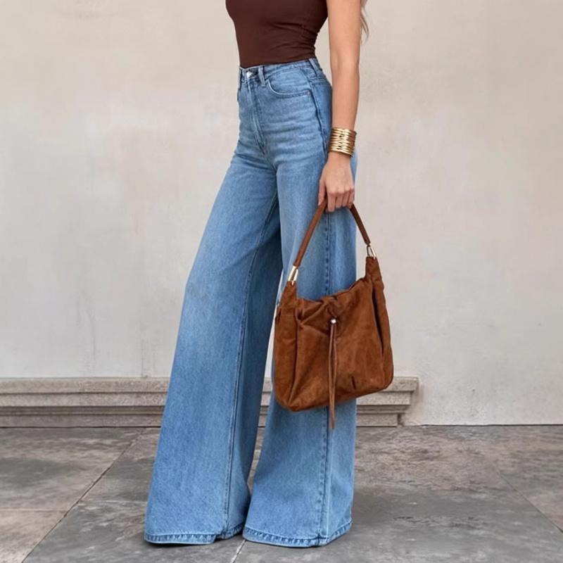 Women's Stretch Mid-Waist Jeans Elegant Casual Party Denim Pocket Wide-Leg Pants