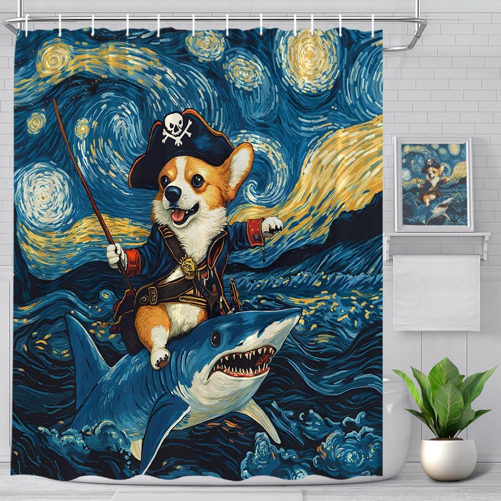 Funny Pirate Dog Riding Shark Shower Curtain Starry Ocean Sea Waves Cute Corgi Surfing Creative Hilarious Bathroom Decor Curtain