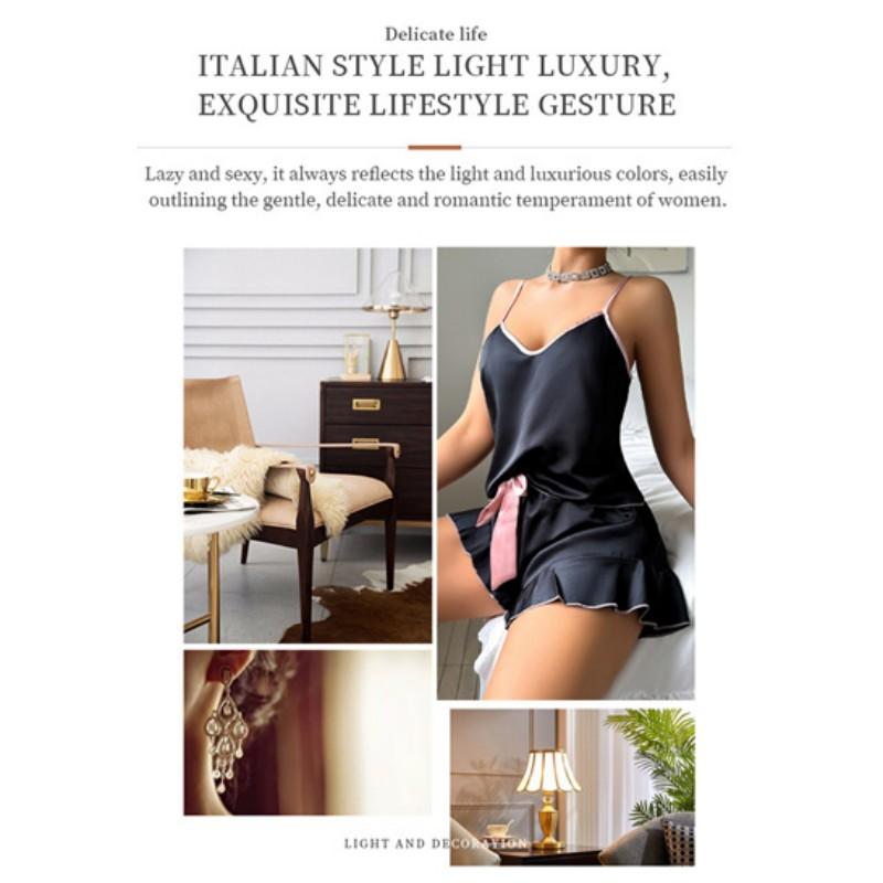 Women Summer Silk Sexy Halter Pajamas Cool Comfortable Loose Homewear Set Two-piece Camisole Nightwear