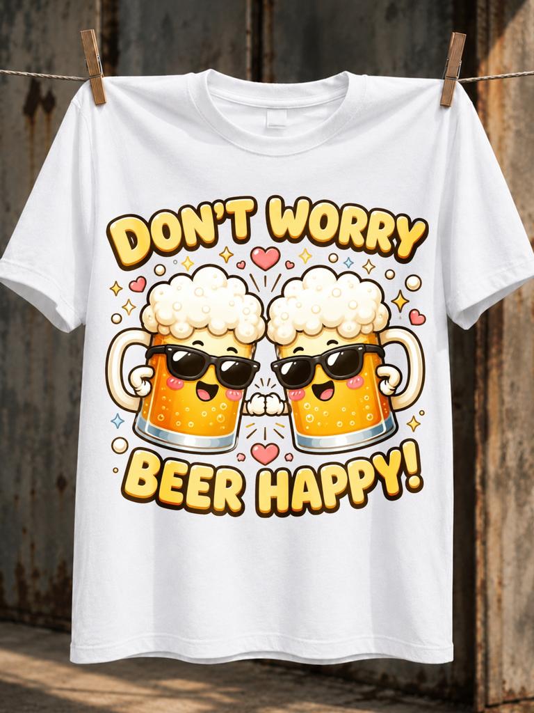 Dot Worry Beer Happy Two Smiling Beer With Hearts Cute Cartoon Party Illustration For Beer Fans Unisex All TShirt