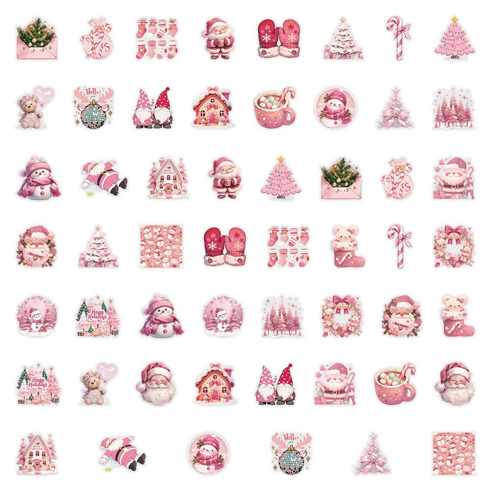 Christmas Stickers Transparent Plastic PET Pink Santa Claus Holiday 54PCS Cute Stationery Pen Holder Children's Decor Stickers