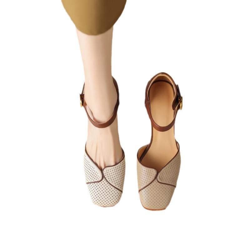 Fashion Hot Selling Summer 2025 French Style Square Head Hollowed-out Bowhead Sandals Women's Medium Heel Chunky Breathable High Heels