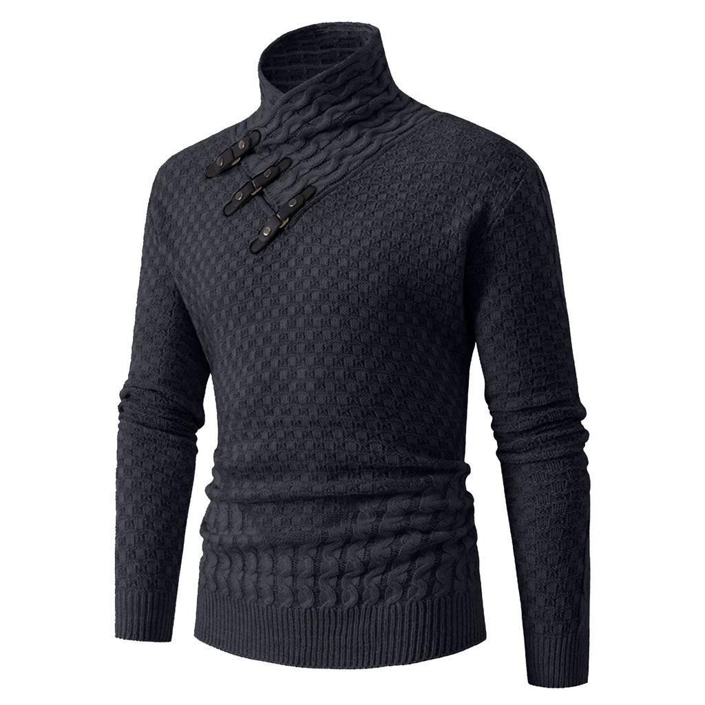 Men's Knitted Pullover Sweater with High Neck Buttoned Collar Textured Pattern Long Sleeve Casual Fit Winter Warm Jumper
