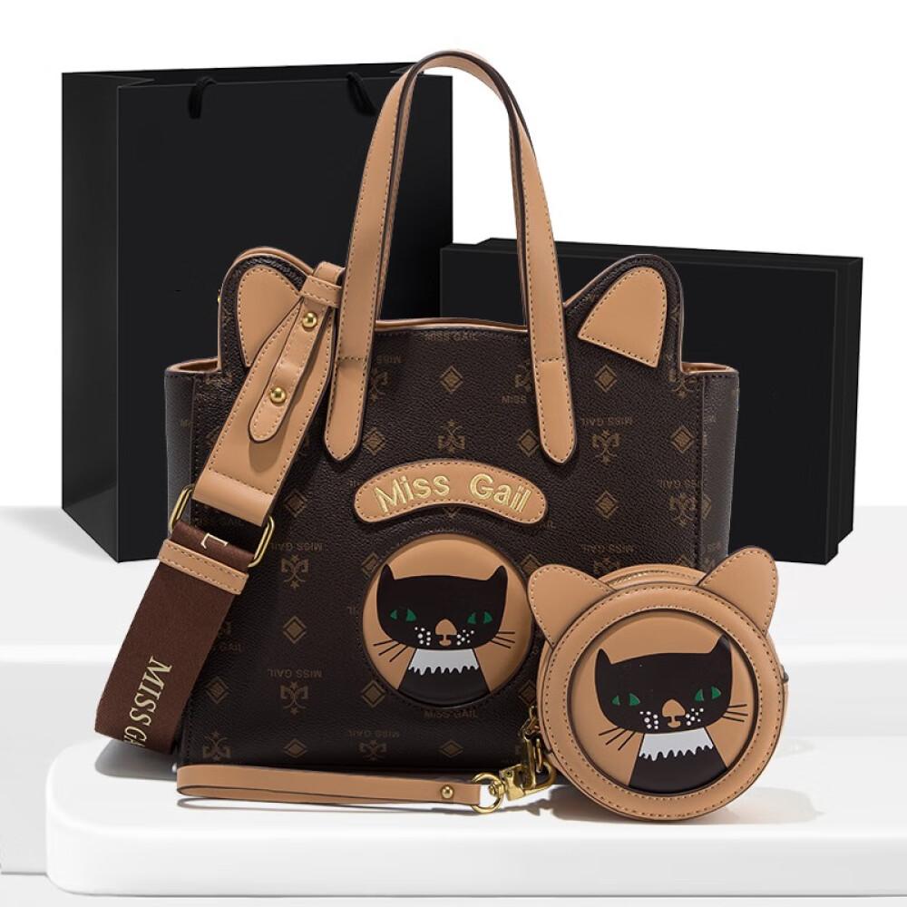 

Женская сумка, модная большая сумка с котенком, новинка 2023 года, милая универсальная сумка длиной 25 см, шириной 10 см, высотой 19 см коричневый